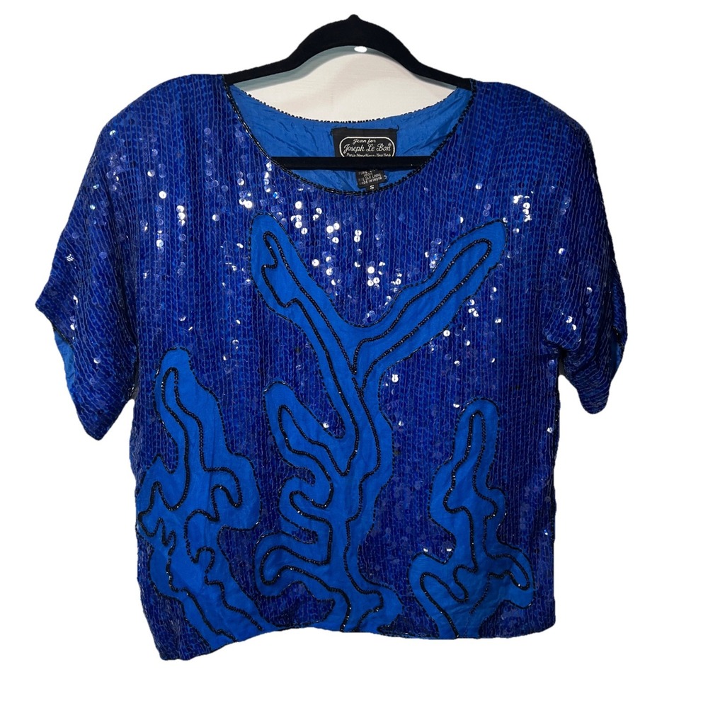 Vintage 80s Jean for Joseph Le Bon Sequin Silk Formal Top Royal Blue & Black